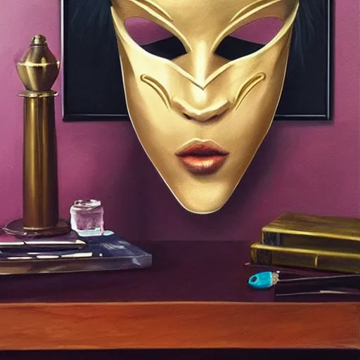 Prompt: a painting of a masquerade mask sitting on a wooden desk by artgerm
