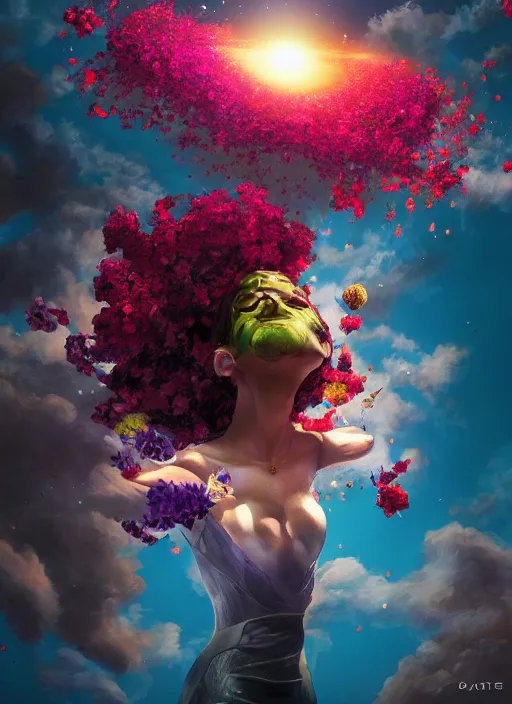 Image similar to An epic fantastic realism comic book style painting of the most beautiful flowers launched into space, bouquets, solar eclipse, fisheye, unreal 5, DAZ, hyperrealistic, octane render, dynamic lighting