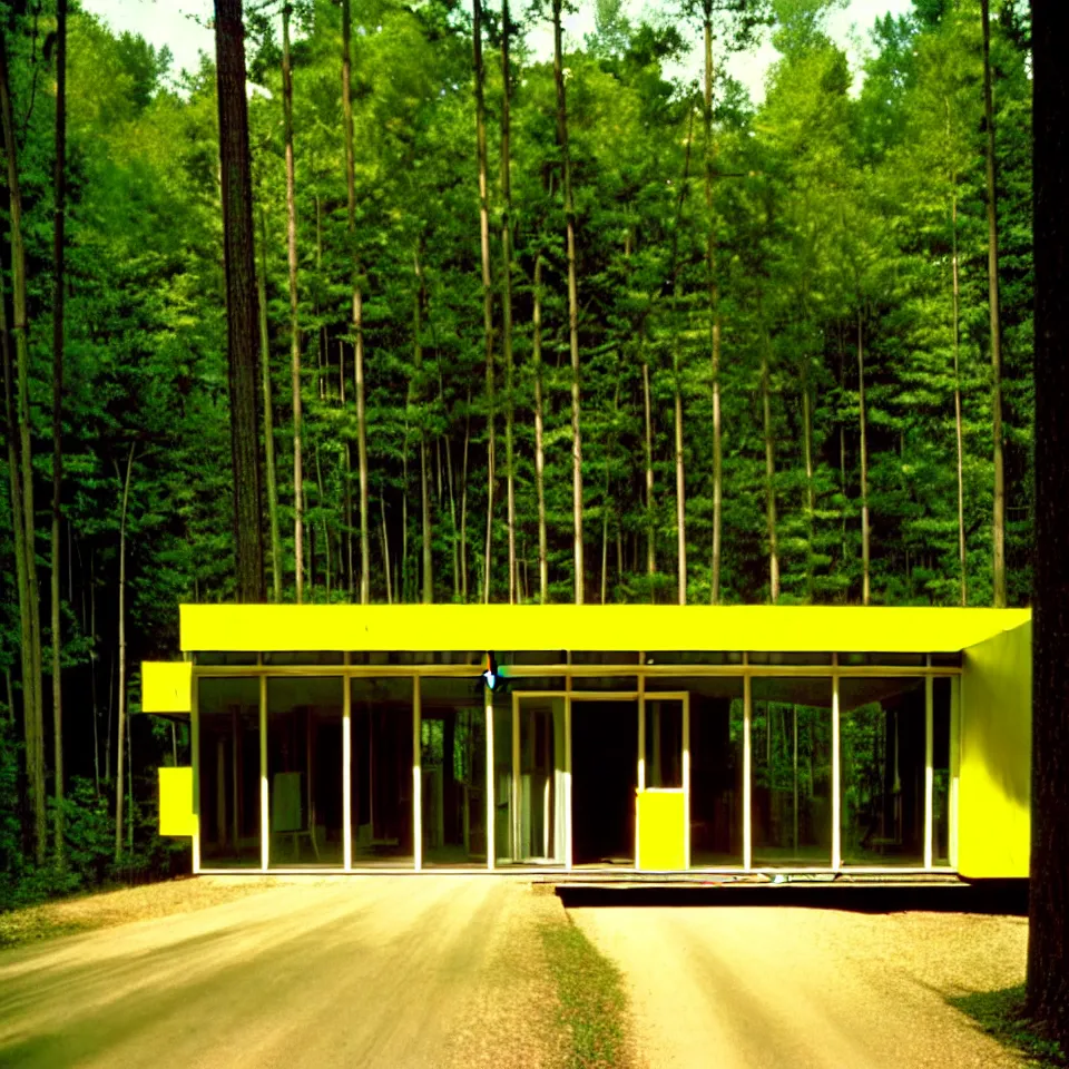 Prompt: a gravel road leading to a mid-century modern house with large windows in a forest, designed by Frank Gehry. Big tiles. Film grain, cinematic, yellow hue