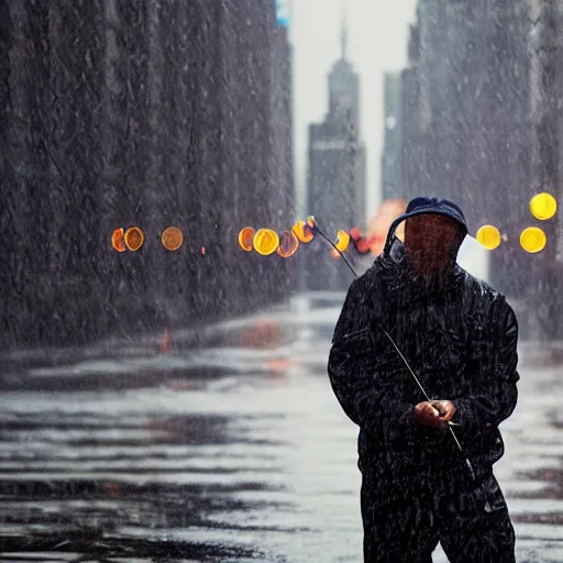 Image similar to closeup portrait of a man fishing in a rainy new york street, photography, world press photo