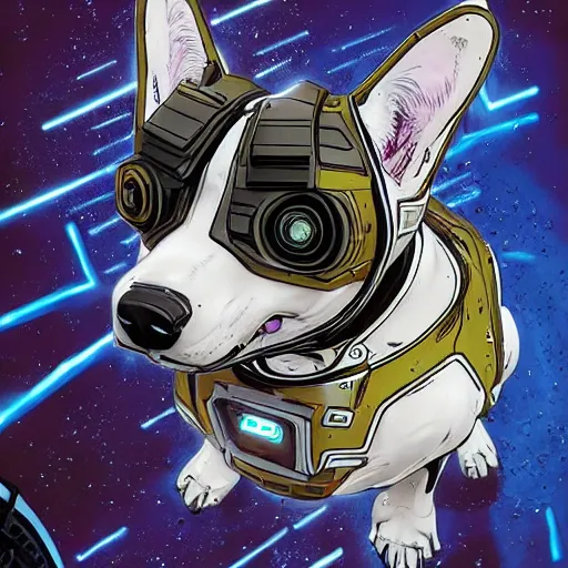 Image similar to cyborg corgi with one robotic eye that looks like it is from Borderlands and by Feng Zhu and Loish and Laurie Greasley, Victo Ngai, Andreas Rocha, John Harris