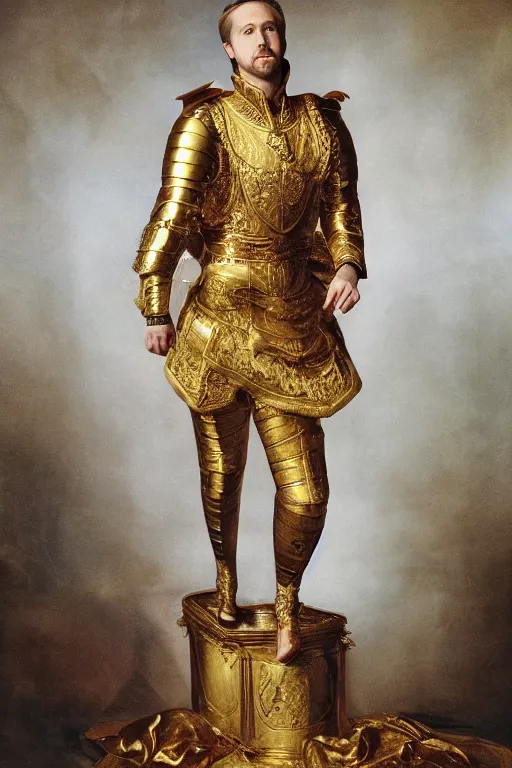 Prompt: Full-body portrait of Ryan Gosling as a king in golden armor, front view, baroque
