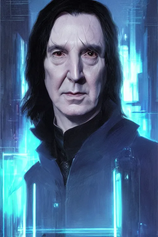 Prompt: portrait of severus snape in cyberpunk, neon lighting, night city, digital art from artstation by Ruan Jia and Mandy Jurgens and Artgerm and william-adolphe bouguereau and Greg Rutkowski