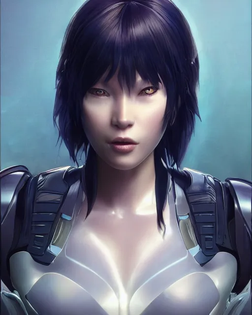 Image similar to weta disney pixar movie still portrait photo of motoko kusanagi ghost in the shell : : as cyborg woman by pixar : : by weta, wlop, ilya kuvshinov, rossdraws, artgerm, marvel, maxim cover, latex, octane render, sweaty, iridescent, bright morning, anime, liosh, mucha : :