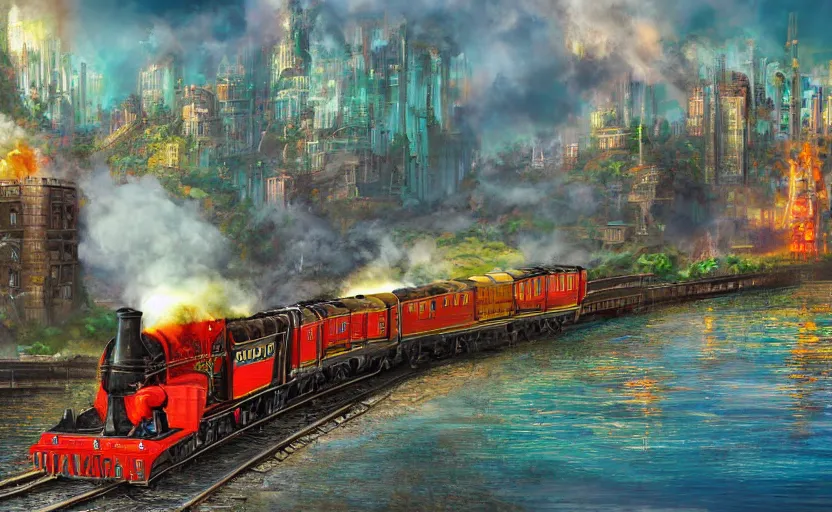 Image similar to A steam locomotive rides along of a waterway on a fantasy city. Fantasy and concept art, colorful digital painting, unreal engine.