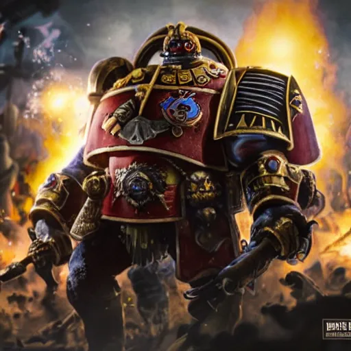 Image similar to nigel farage in warhammer space marine, splash art, movie still, cinematic lighting, dramatic, octane render, long lens, shallow depth of field, bokeh, anamorphic lens flare, 8 k, hyper detailed, 3 5 mm film grain