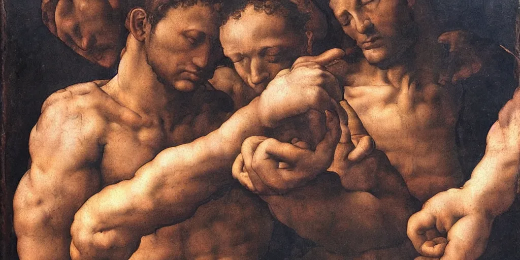 Image similar to Michelangelo painting of an African man holding hands with an Italian man