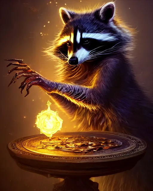 Image similar to closeup 2 8 mm anthropomorphic warlock raccoon casting a spell in a castle, d & d, fantasy, intricate, action pose, particle effects, highly detailed, digital painting, artstation, concept art, matte, sharp focus, volumetric lighting, illustration, hearthstone, art by artgerm, wlop, craig mullins, alphonse mucha