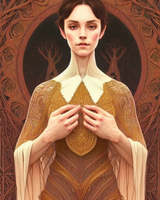 Image similar to symmetry portrait of welsh brunette princess with short hair, mans tunic, forest background, intricate, elegant, highly detailed, digital painting, artstation, concept art, smooth, sharp focus, illustration, art by artgerm and greg rutkowski and fra angelico and alphons mucha