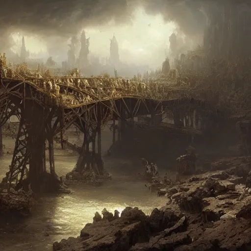 Image similar to a rickety bridge over a dark chasm with flying piles of bones, matte painting, fantasy art, by greg rutkowski, by andreas achenbach,