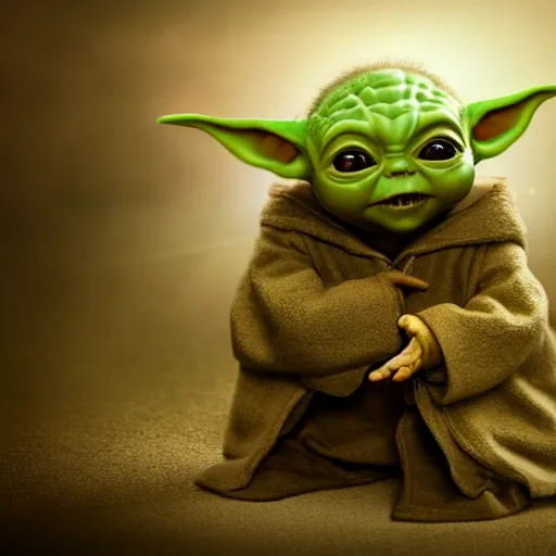 Prompt: full body pose, hyperrealistic photograph of baby yoda dressed as a wizard, dim volumetric lighting, 8 k, octane beautifully detailed render, extremely hyper detailed, intricate, epic composition, cinematic lighting, masterpiece, trending on artstation, very very detailed, stunning, hdr, smooth, sharp focus, high resolution, award, winning photo, dslr, 5 0 mm