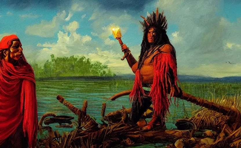 Image similar to an aztec cultist on a boat in the swamp in the style of romanticism, oil painting