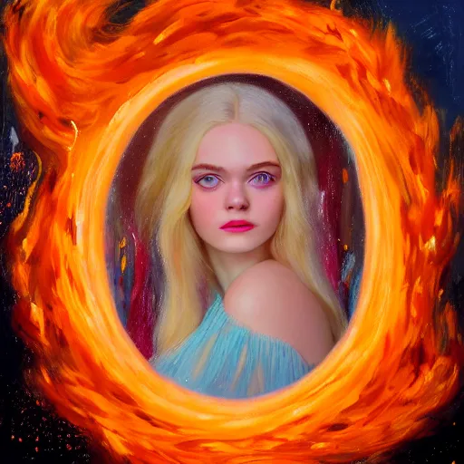 Prompt: professional painting of Elle Fanning on the beach surrounded by bright orange fire in the style of Delphin Enjolras, head and shoulders portrait, symmetrical facial features, smooth, sharp focus, illustration, intricate, stormy weather, extremely detailed masterpiece,