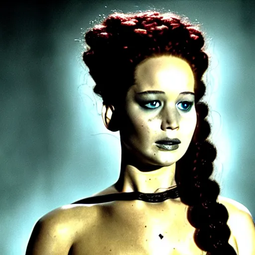 Image similar to jennifer lawrence as bride of frankenstein, color photography, sharp detail, still from the movie