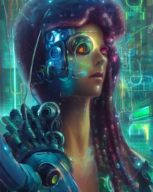 Prompt: a cyberpunk close up portrait of cyborg medusa, electricity, sparks, bokeh, soft focus, by paul lehr, jesper ejsing