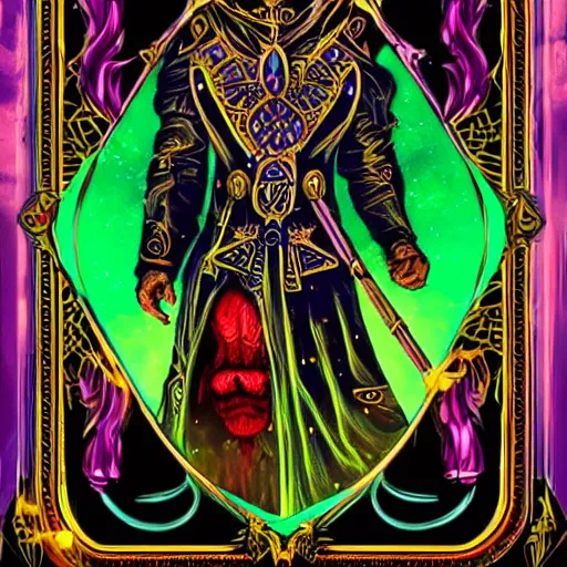 Image similar to digital tarot card painting of a powerful warlock, hyperdetailed, vivid colors, beautiful, magic spell, trending on Artstation