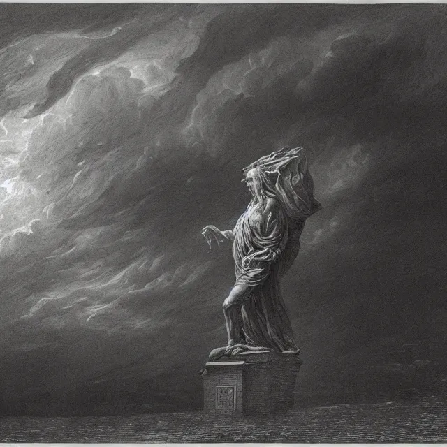 Image similar to an engraving portrait of cthulhu, caspar david friedrich, foggy, depth, strong shadows, stormclouds, illuminated focal point, highly detailed