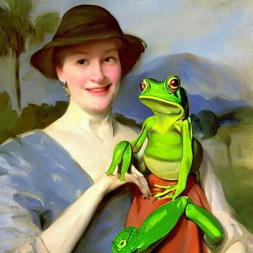 Image similar to a painting of a smiling lady with her giant pet frog, by john singer sargent,