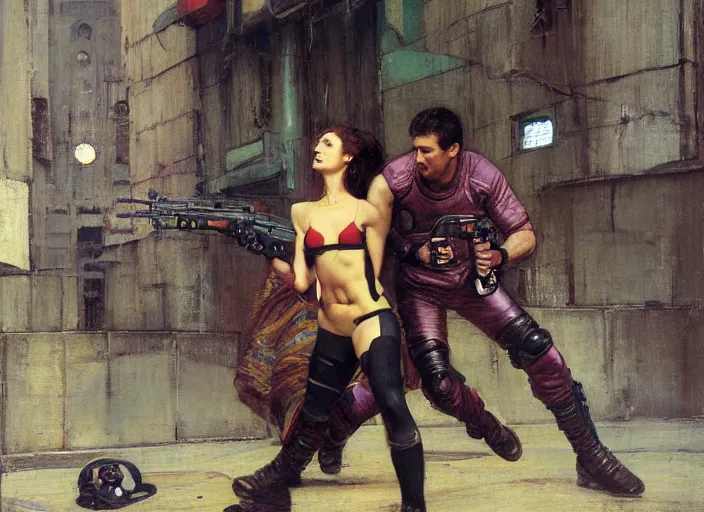 Image similar to Maria evades sgt bob Griggs. Athletic Cyberpunk hacker escaping Menacing Cyberpunk police trooper griggs. (dystopian, police state, Cyberpunk 2077, bladerunner 2049). Iranian orientalist portrait by john william waterhouse and Edwin Longsden Long and Theodore Ralli and Nasreddine Dinet, oil on canvas. Cinematic, vivid colors, hyper realism, realistic proportions, dramatic lighting, high detail 4k