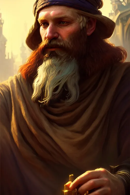 Image similar to photography alexey gurylev, male merchant, long beard, mysterious, deep focus, d & d, fantasy, complex, elegant, highly detailed, digital painting, artstation, concept art, matte, clear focus, illustration, hearthstone, artgerm art, greg rutkovsky and alphonse mucha, perfect hands