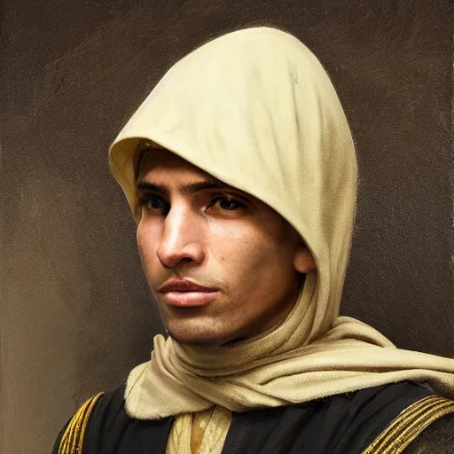 Image similar to Medium closeup young idealistic and pious homely male Imperial soldier wearing a black tabard with light yellow accents over a brown gambeson and a barbute!!!!! helm, by Raymond Swanland Greg Rutkowski Lise Deharm, {perfect face}, {perfect eyes}, {uncertain look}, {on edge}