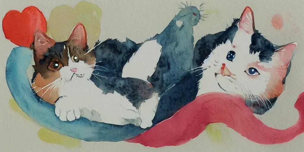 Prompt: watercolor illustration style, cute! cats!! training!