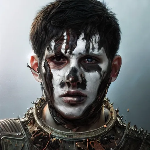 Prompt: portrait painting of young man with severe burn scars on his face and poorly cut short hair with a severe expression wearing tattered leather armor, ultra realistic, concept art, intricate details, eerie, highly detailed, photorealistic, octane render, 8 k, unreal engine. art by artgerm and greg rutkowski and charlie bowater and magali villeneuve and alphonse mucha