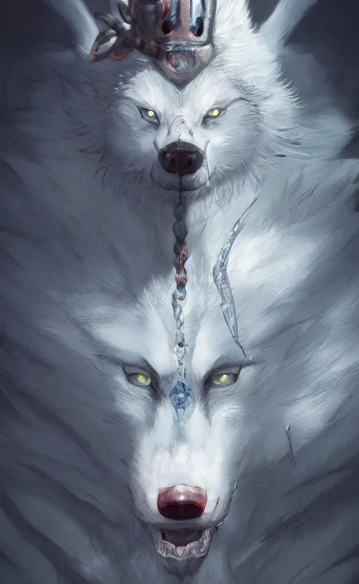 Image similar to Princess Mononoke, standing next to Moro the white wolf, close up portrait by loish and WLOP, octane render, dynamic lighting, highly detailed, sharp focus, asymmetrical portrait, dark fantasy, trending on ArtStation