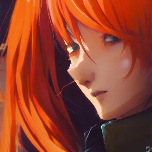 Image similar to Anime Character close up, Orange Gradient Hair, black and orange coat, orange pupils, backroom background, art by Stanley Artgerm Lau , greg rutkowski, thomas kindkade, alphonse mucha, loish, norman rockwell