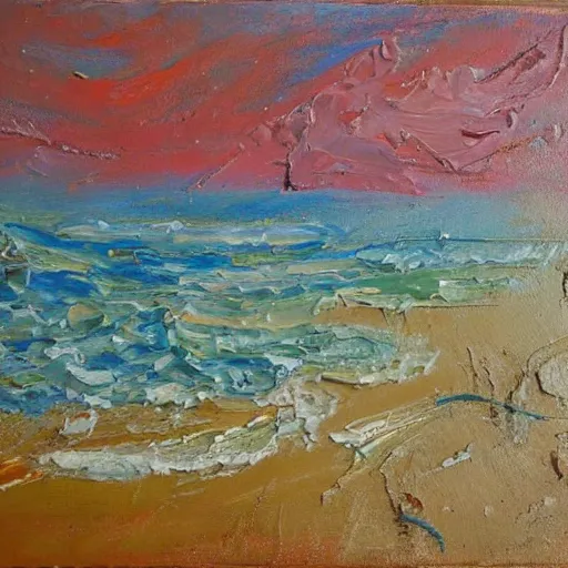 Image similar to oil paint impasto relief, beautiful italian beach scene, multi layered thick brush marks, some splattered paint, in the style of monet and frank auerbach