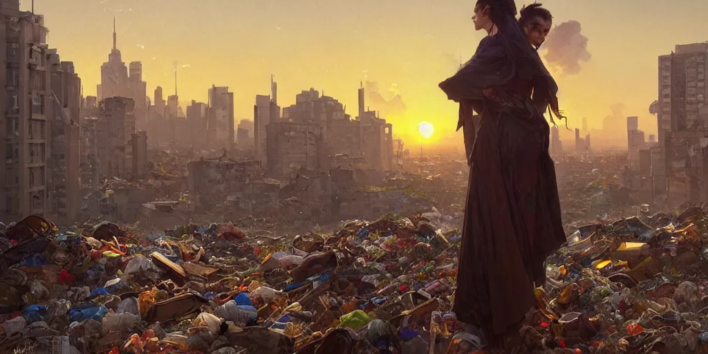 Image similar to seen from broken window!! garbage dump, city is pure wasteland, sunset in background, detailed characters, alphonse mucha, greg rutkowski, trending on artstation, artgerm, breathtaking, sharp focus, smooth, mark arian, award winning, highly detailed 4 k art