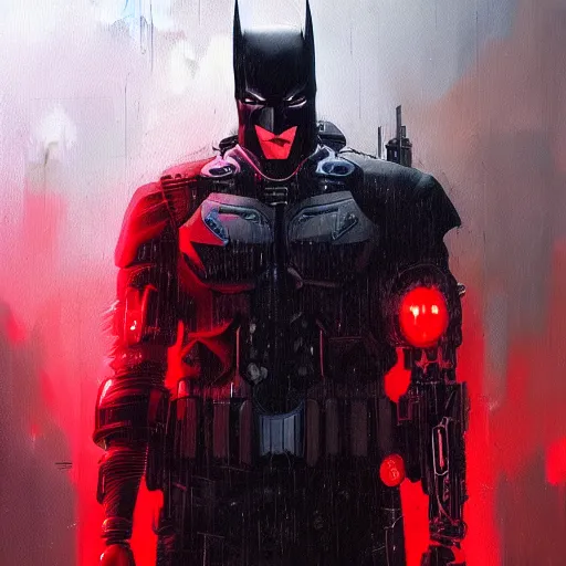 Image similar to cyberpunk batman with red logo, moody, futuristic, city background, brush strokes, oil painting, greg rutkowski