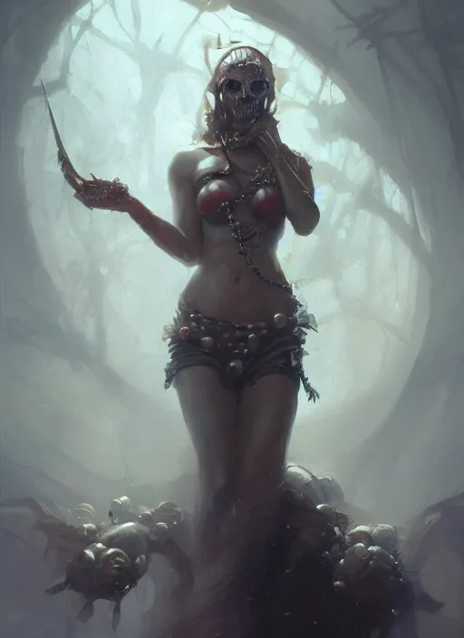 Image similar to a woman with pearls in eye sockets and glistering skin, greg rutkowski, raymond swanland, fantasy art, detailed painting, artstation