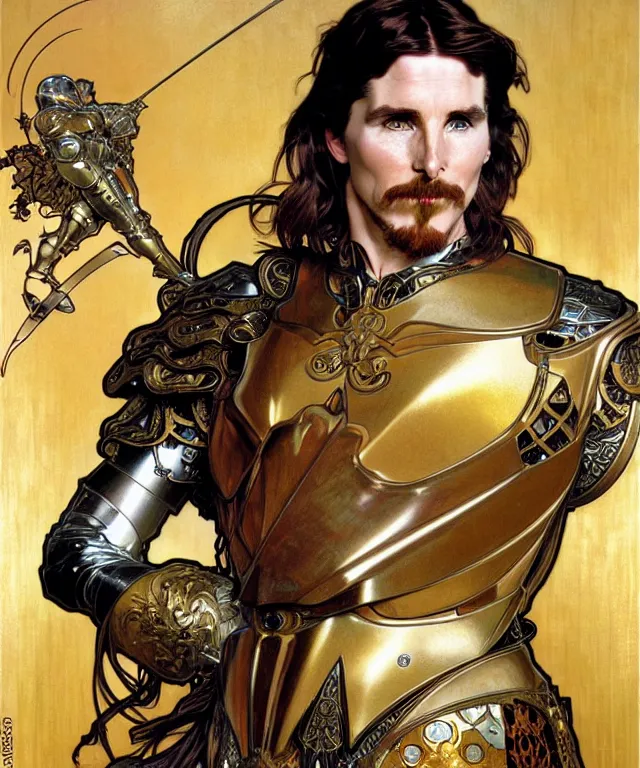 Prompt: realistic detailed face portrait of christian bale in a golden knight's armor by alphonse mucha, ayami kojima, amano, greg hildebrandt, and mark brooks, male, art nouveau, neo - gothic, gothic