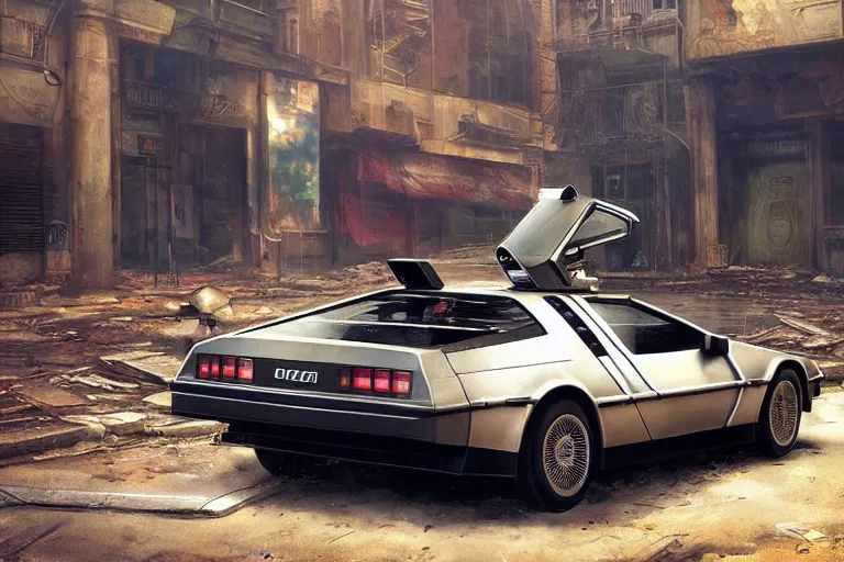 Image similar to highly detailed photograph of a delorean parked on the streets of a cyberpunk abandoned city, doors are open, by greg rutkowski and stanley artgerm and alphonse mucha, octane, sharp focus, hyperrealistic, masterpiece