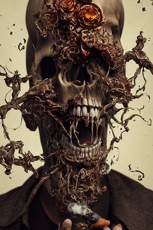 Image similar to portrait of a skull smoking a cigar, intricate, abstract, intricate artwork, nightmare fuel by tooth wu wlop beeple dan mumford, octane render