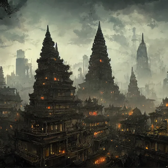 Prompt: noir skyline from steampunk cambodia, south east asian architecture, oriental, unreal engine, detailed, by greg rutkowski, by adolph menzel