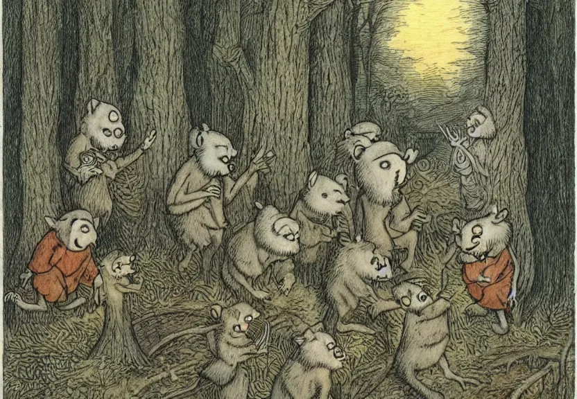 Image similar to possums dressed like a monk at a scary medieval cemetery in the middle of the forest at night, isometrical, highly detailed, by Maurice Sendak, colorized