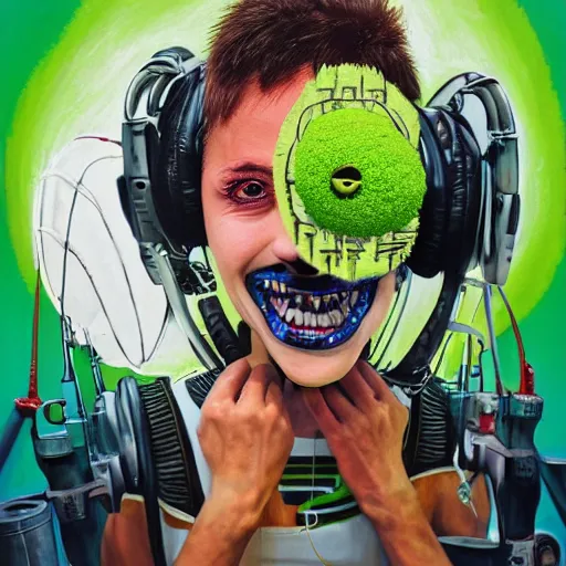 Image similar to a portrait of an anthropomorphic tennis ball monster by sandra chevrier, detailed render, tape deck, boombox, headphones, epic composition, cybernetics, 4 k realistic, cryengine, realistic shaded lighting, sharp focus, masterpiece, by matteo scalera, gary montalbano, peter elson in the style of the tokyo ghost comic