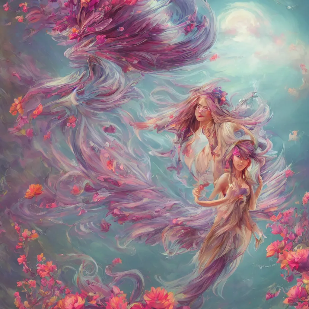 Image similar to a colorful and provenance illustrations painting of the fantasy angel flying with floral wings, highly detailed, her hair made of hair made of air wind and curling smoke and mist, the wings made of flowers, spirit fantasy concept art, art by aenami, alena, afshar, petros and leonid, trending on artstation.