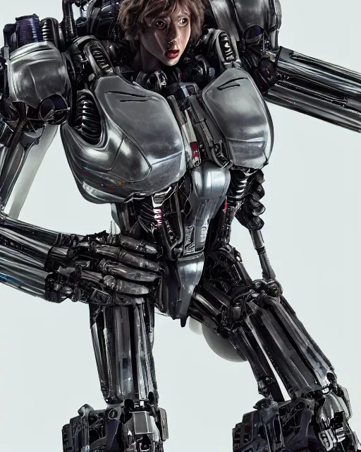 Prompt: Ellen Ripley as a Mecha, hyperdetailed, full body, LED effects, professional paint job, distressed paint, dynamic low angle shot, photoreal, caustics, octane render, redshift render, Vray render, all in focus, unreal engine, post processing, ultra detailed, trending on artstation