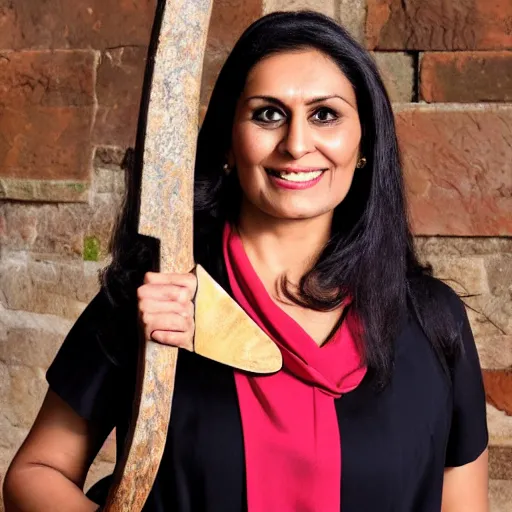 Image similar to A medium shot photograph of priti patel holding a large medieval axe, 4k , HD