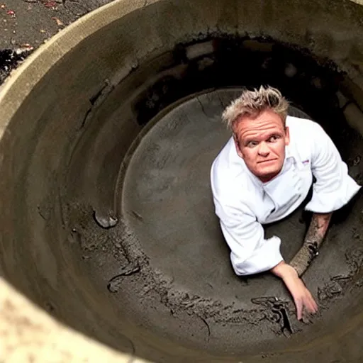 Prompt: Gordon Ramsey hiding in a sewer, creepy, grunge, IT