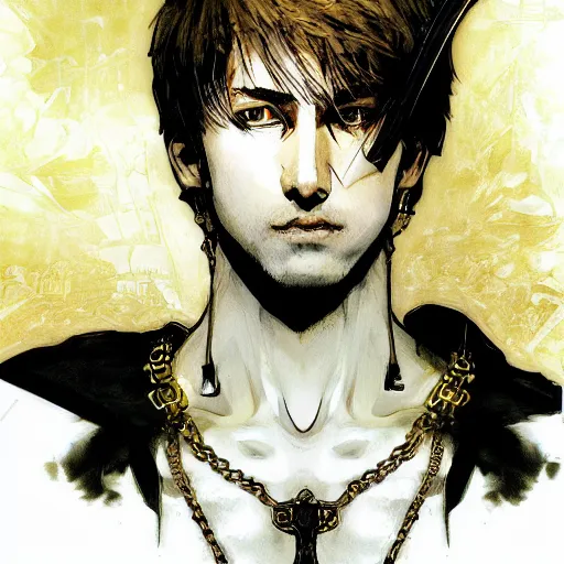 Image similar to portrait of a young white hero using his right arm to hold his sword covering his eye by yoji shinkawa, high quality, extra details, realism, ornate, colored, golden chain, blood, white skin, short hair, brown eyes, vivid, sunlight, dynamic, american man, freedom, white american soldier, painting, cybernetics, military