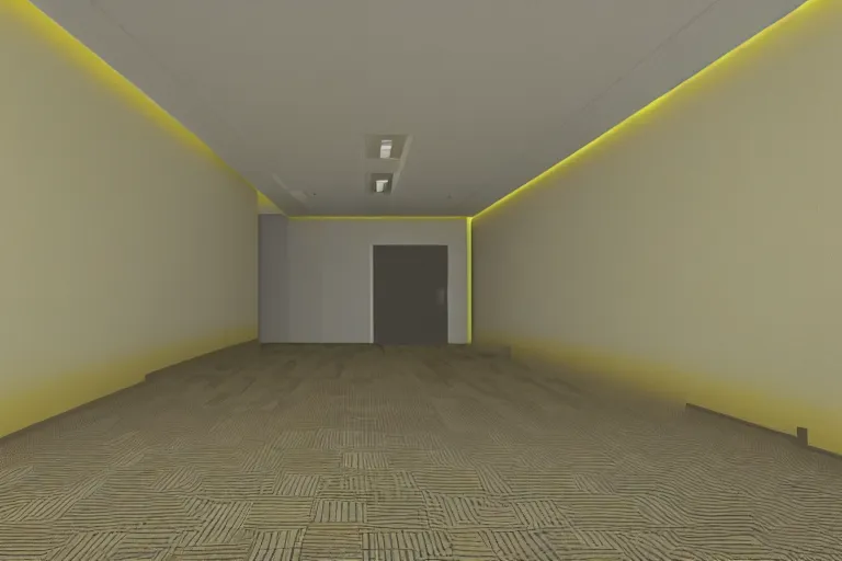 Image similar to 3 d render of jerma 9 8 5, jerma in endless halls of empty office space with worn light mono - yellow 7 0 s wallpaper, old moist carpet, and inconsistently - placed fluorescent lighting | liminal space | non - euclidean space | high octane | blender | 3 d render