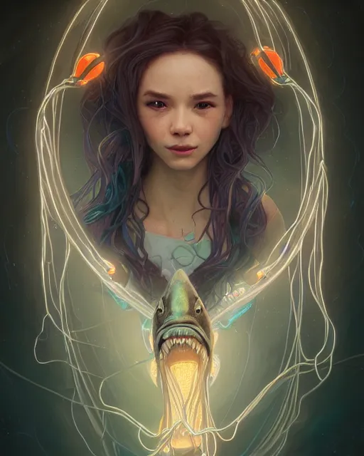 Image similar to portrait of a cute female shark, bioluminescent, wires, horror, happy, highly detailed, digital painting, cinematic, hyperrealism, dark retrowave, art by stanley lau and artgerm and magali villeneuve and alphonse mucha, artstation, octane render, cgsociety