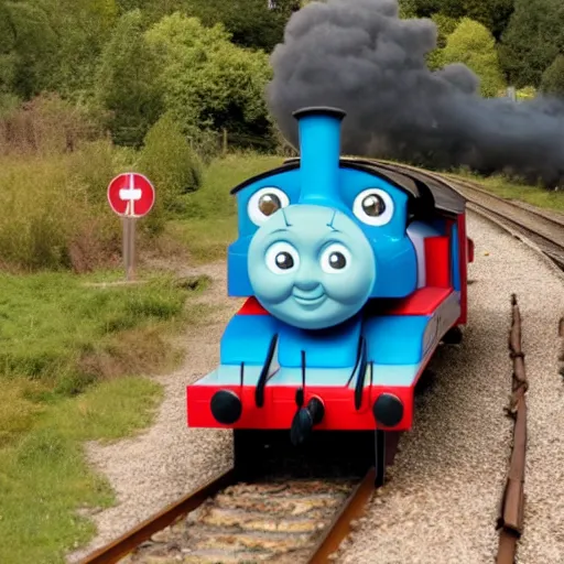 Image similar to a malevolent thomas the tank engine speeding towards a person tied to the tracks