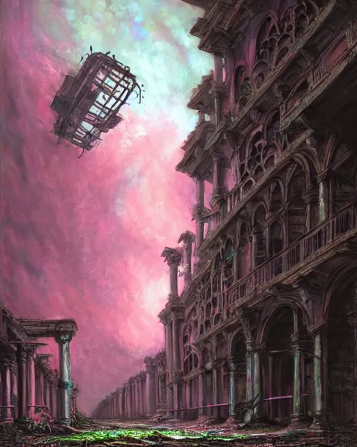 Prompt: hyperrealistic hyperdetailed rococo mecha iridescent pink coming out of dystopian city ruins concept art santiago caruso de chirico sharp very dramatic green light 8k low angle shallow depth of field