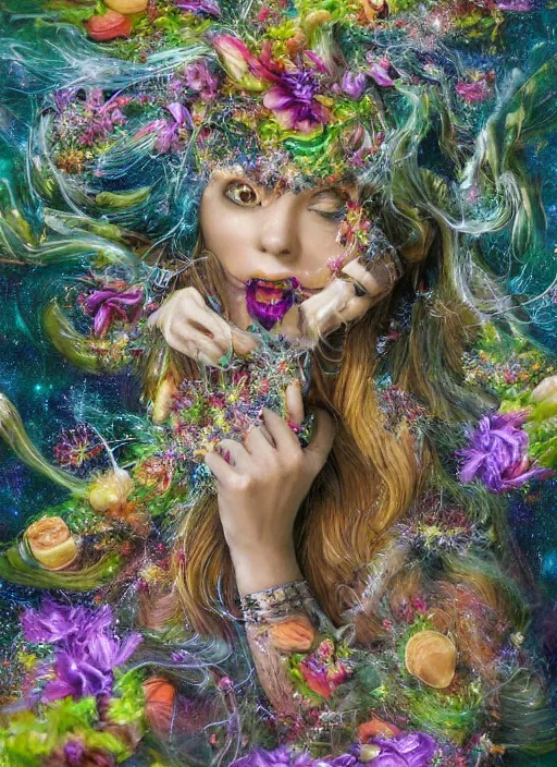 Image similar to hyper detailed 3d render like a chiariscuro Oil painting with focal blur - Aurora (Singer) looking adorable and seen in dynamic pose joyfully Eating of the Strangling network of glowing and milky Fruit and Her delicate Hands hold of gossamer polyp blossoms bring iridescent fungal flowers whose spores black the foolish stars to her smirking mouth by Jacek Yerka, Mariusz Lewandowski, Houdini algorithmic generative render, Abstract brush strokes, Masterpiece, Edward Hopper and James Gilleard, Zdzislaw Beksinski, Mark Ryden, Wolfgang Lettl, hints of Yayoi Kasuma, octane render, 8k