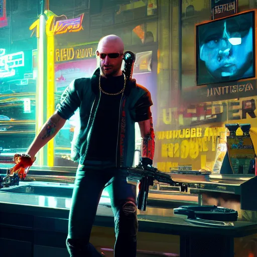 Image similar to stoned pizza dude Cyberpunk 2077. CP2077. 3840 x 2160